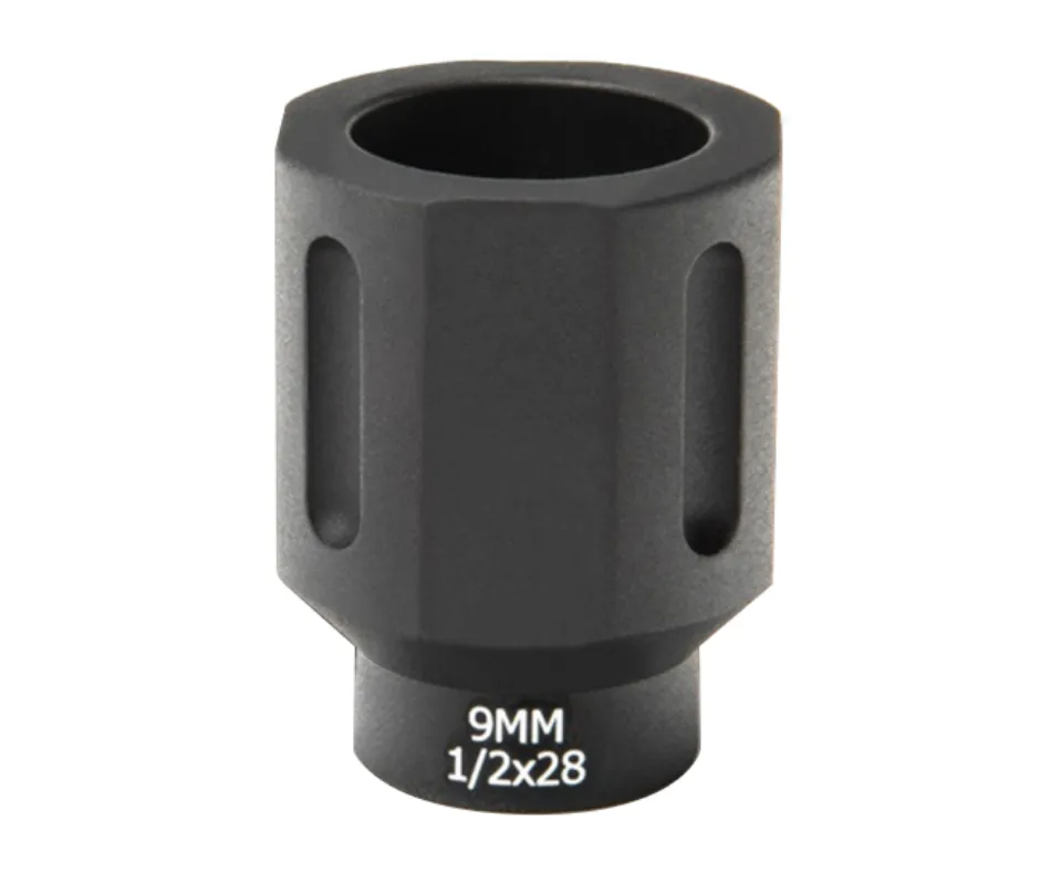 [BAD-FLASHCAN-9MM-4S-1/2x28] BATTLEARMS 9MM 4-FLAT FLASH CAN 1/2"X28 TPI - 7075-T6 ALUMINUM - HARD ANODIZED BLACK